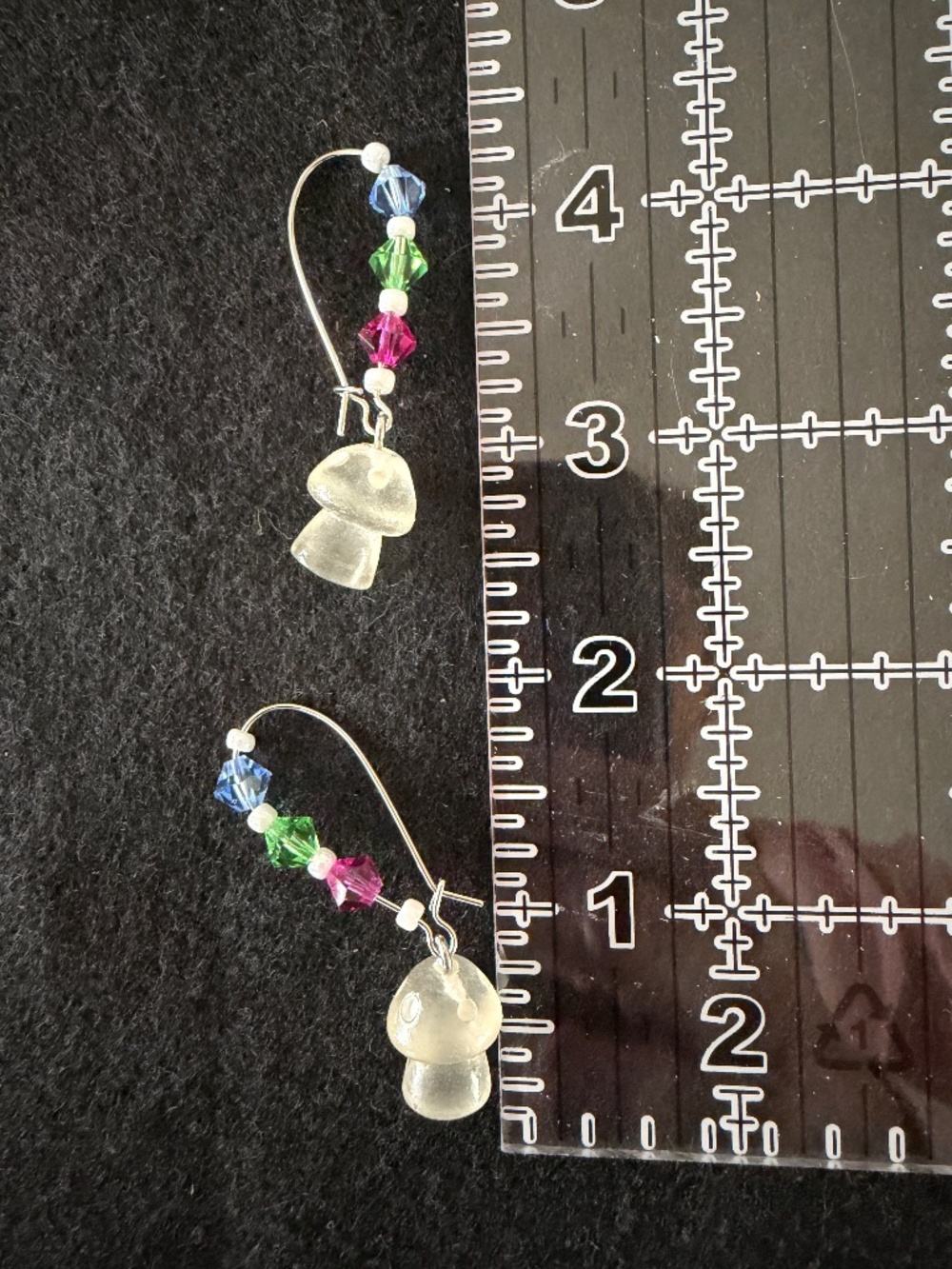 Earrings Silver Tone Mushroom Crystal Beads Long Hoop 2"